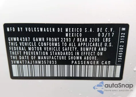 2017 Volkswagen Jetta Gli z USA, uszkodzony, nr VIN 3VW4T7AJ1HM357833